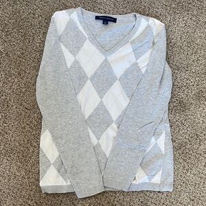Tommy Hilfiger Women’s Small Gray and White V-Neck Argyle Sweater